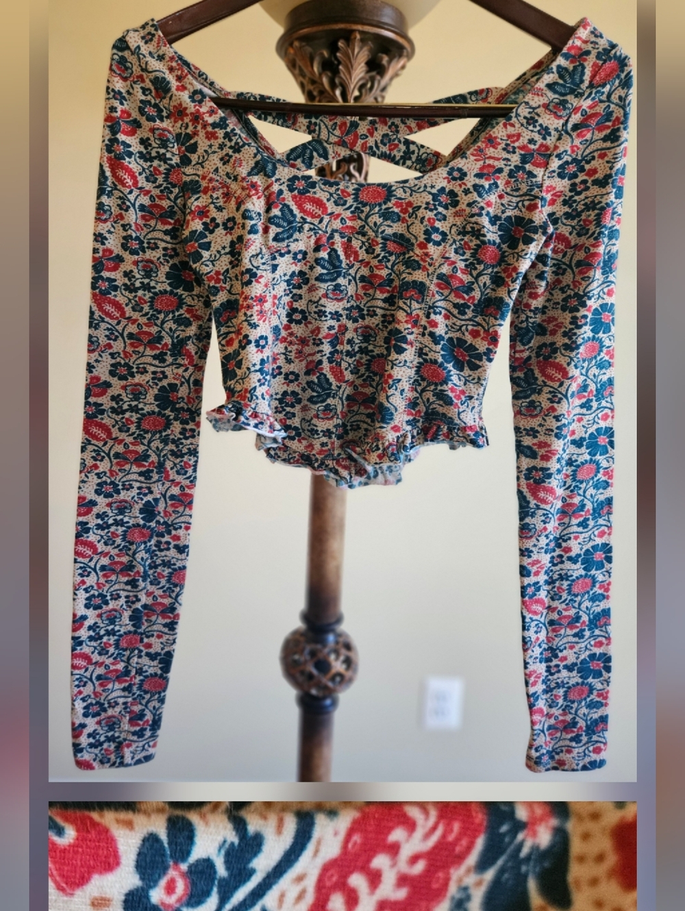 NWOT Free People Floral Long Sleeve Cross Back Crop Top in Red, Blue, Cream